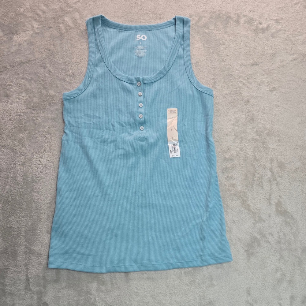 SO Women Blue Ribbed Henley Tank Top Sleeveless Button Neck JG44K012RS L